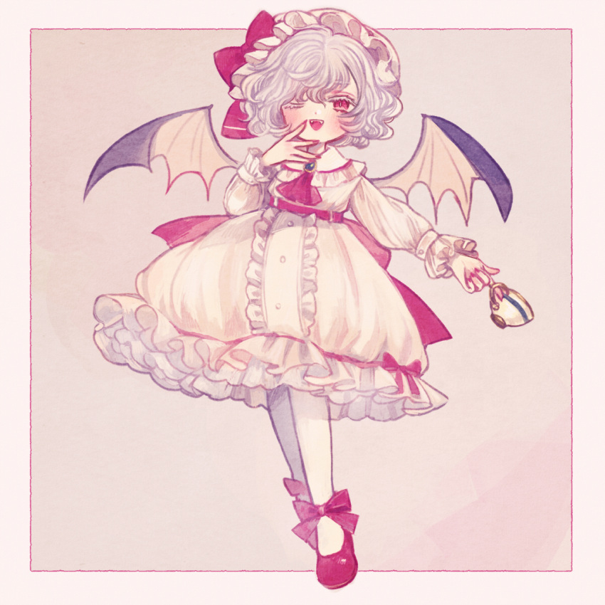 1girl ;d ascot bat_wings bow center_frills commentary_request cup dress footwear_bow frilled_skirt frills full_body hand_up hat hat_ribbon highres holding holding_cup long_sleeves looking_at_viewer medium_hair mob_cap one_eye_closed open_mouth pantyhose red_ascot red_bow red_eyes red_footwear red_nails remilia_day remilia_scarlet ribbon shoes skirt smile solo teacup touhou white_dress white_hair white_headwear white_pantyhose wings yujup