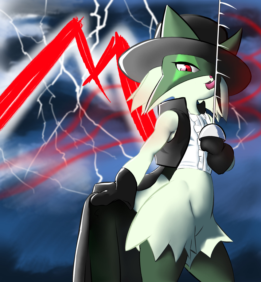 absurd_res anthro black_clothing cape clothed clothing cloudscape dark_background electricity elegant felid feline female generation_9_pokemon hi_res letter licking lightning mammal mask melee_weapon meowscarada mysterious nintendo noconcession pokemon pokemon_(species) sky solo sword symbolism tongue tongue_out vigilante weapon