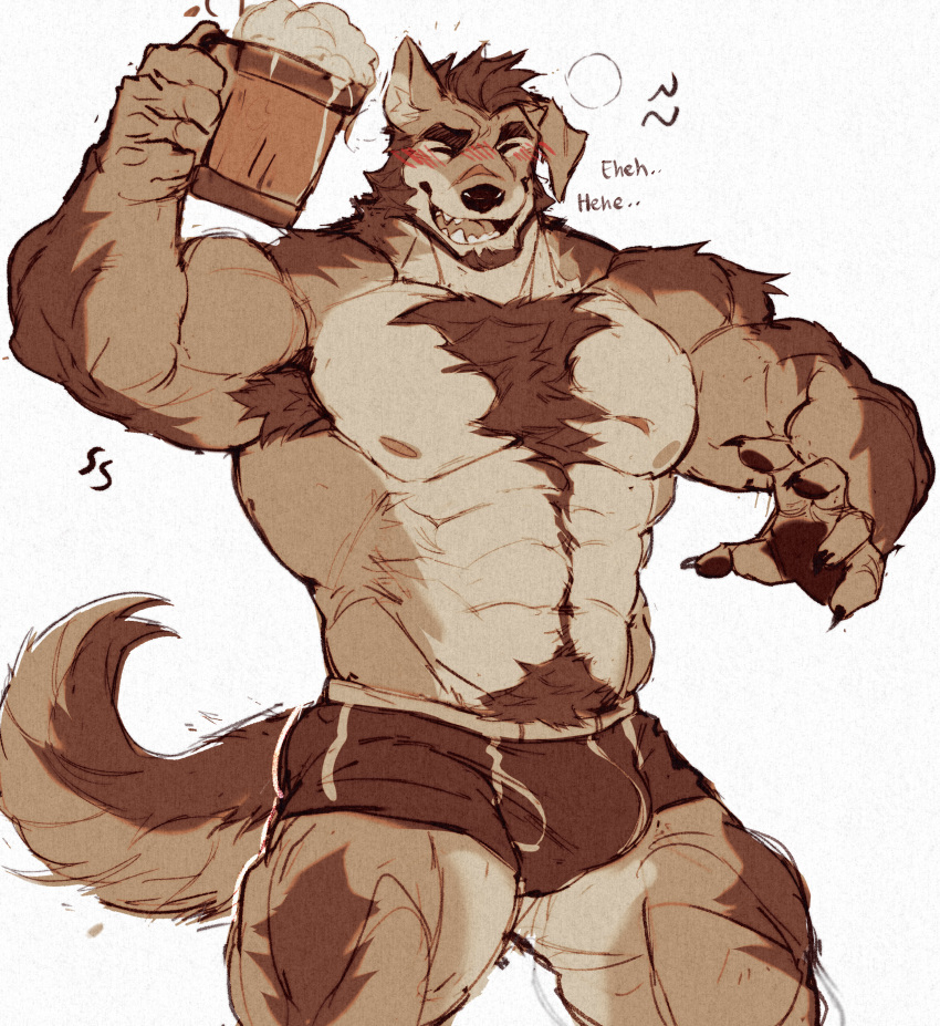 abs absurd_res alcohol anthro armpit_hair beard beer beer_mug beverage biceps blush body_hair boxer_briefs brown_hair bulge canid canine canis clothing dialogue domestic_dog drinking eyes_closed facial_hair floppy_ears hair happy_trail hi_res male mammal muscular muscular_anthro muscular_male pecs pubes reolixious scar smile solo tail underwear willan
