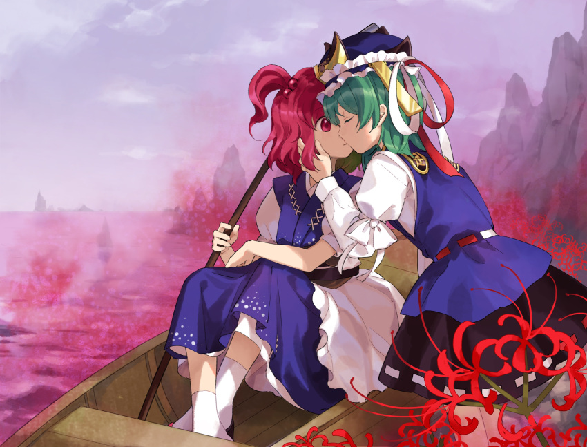 2girls absurdres black_skirt blue_dress blue_headwear blue_vest commission dress flower frilled_hat frills green_hair hair_bobbles hair_ornament hat highres kaigen_1025 multiple_girls onozuka_komachi red_eyes red_flower red_hair shiki_eiki short_hair short_sleeves skeb_commission skirt socks spider_lily touhou two_side_up vest white_socks yuri