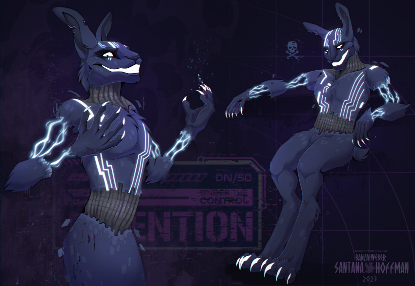 2023 abstract_background absurd_res anthro barefoot black_eyes black_nose blue_body blue_ears blue_fur blue_tail claws clenched_teeth detailed electricity english_text featureless_crotch feet five_nights_at_freddy's five_nights_at_freddy's:_security_breach five_nights_at_freddy's:_security_breach_ruin fur geometric_background glowing glowing_arms glowing_body glowing_claws glowing_eyes glowing_face glowing_teeth grey_body grid_background half-closed_eyes hand_on_hip happy head_tilt hi_res hind_legs lagomorph leporid long_ears long_legs looking_at_viewer looking_away male mammal multicolored_body muscular muscular_anthro muscular_male mxes_(fnaf) narrowed_eyes notched_ear nude pattern_background pecs pose pupils purple_background rabbit raised_arm raised_arms santanahoffman scottgames shadow sharp_claws short_tail signature simple_background sitting skull_and_crossbones small_pupils small_tail smile smiling_at_viewer solo standing steel_wool_studios tail teeth text toe_claws white_body wire