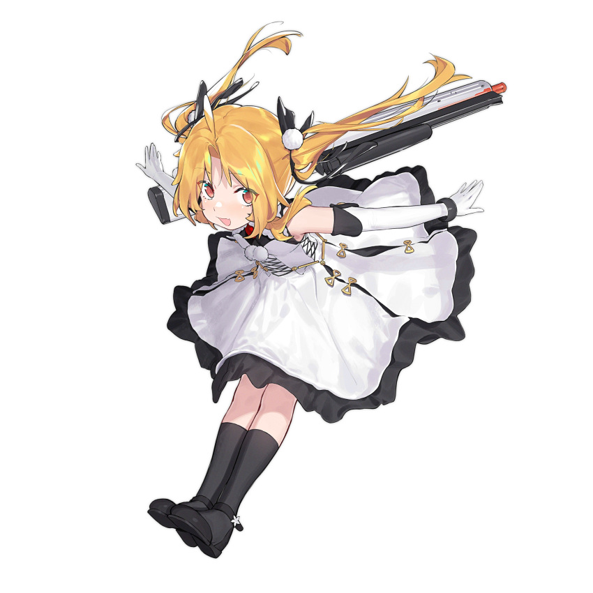 1girl aged_down ahoge assault_rifle black_bracelet black_footwear black_ribbon black_socks blonde_hair bullpup dress elbow_gloves fang full_body girls'_frontline gloves gun hair_ribbon highres kneehighs long_hair looking_at_viewer neck_bobbles nishiro_ryoujin official_alternate_costume official_art open_mouth outstretched_arms red_eyes ribbon rifle s-acr_(girls'_frontline) s-acr_(wind-chasing_witch)_(girls'_frontline) simple_background skin_fang sleeveless sleeveless_dress smile socks solo steyr_acr transparent_background twintails weapon white_dress white_gloves