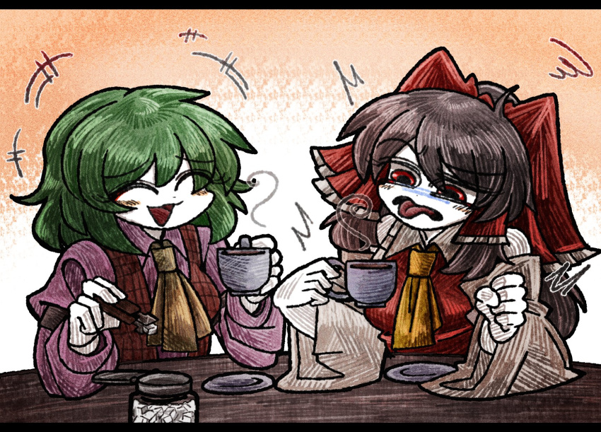 +++ 2girls ascot black_outline blush bow brown_hair clenched_hand closed_eyes collared_shirt colored_skin cup detached_sleeves disgust frilled_bow frilled_hair_tubes frilled_shirt_collar frills gradient_background green_hair hair_between_eyes hair_bow hair_tubes hakurei_reimu hatching_(texture) highres holding holding_cup jar kazami_yuuka laughing letterboxed long_hair long_sleeves medium_bangs multiple_girls open_clothes open_mouth open_vest orange_background outline pink_shirt plaid plaid_vest red_bow red_eyes red_shirt red_vest saucer shirt short_hair sidelocks sleeveless sleeveless_shirt smile squiggle suenari_(peace) sugar_cube table tea teacup tongue tongue_out touhou tweezers upper_body vest white_skin white_sleeves wide_sleeves yellow_ascot