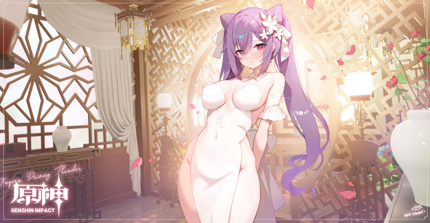 1girl apple_caramel architecture arms_behind_back bare_shoulders breasts ceiling_light china_dress chinese_clothes cleavage cone_hair_bun covered_navel cowboy_shot detached_collar detached_sleeves dress east_asian_architecture embarrassed flower frown genshin_impact hair_bun hair_flower hair_ornament highres indoors keqing_(genshin_impact) lamp long_hair looking_at_viewer medium_breasts no_panties pelvic_curtain pink_eyes purple_hair sleeveless sleeveless_dress solo standing strapless thighs twintails very_long_hair white_dress wide_shot