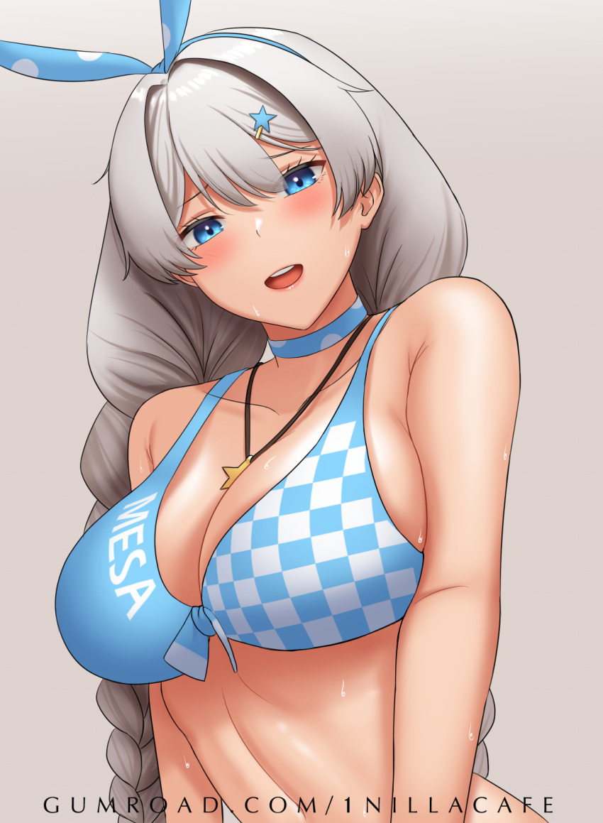 1girl 1nilla' :d ahoge bikini blue_bikini blue_choker blue_eyes breasts brown_background choker cleavage english_commentary headband highres honkai_(series) honkai_impact_3rd jewelry kiana_kaslana long_hair looking_at_viewer necklace one_eye_closed open_mouth simple_background smile solo swimsuit teeth upper_body upper_teeth_only very_long_hair web_address white_hair