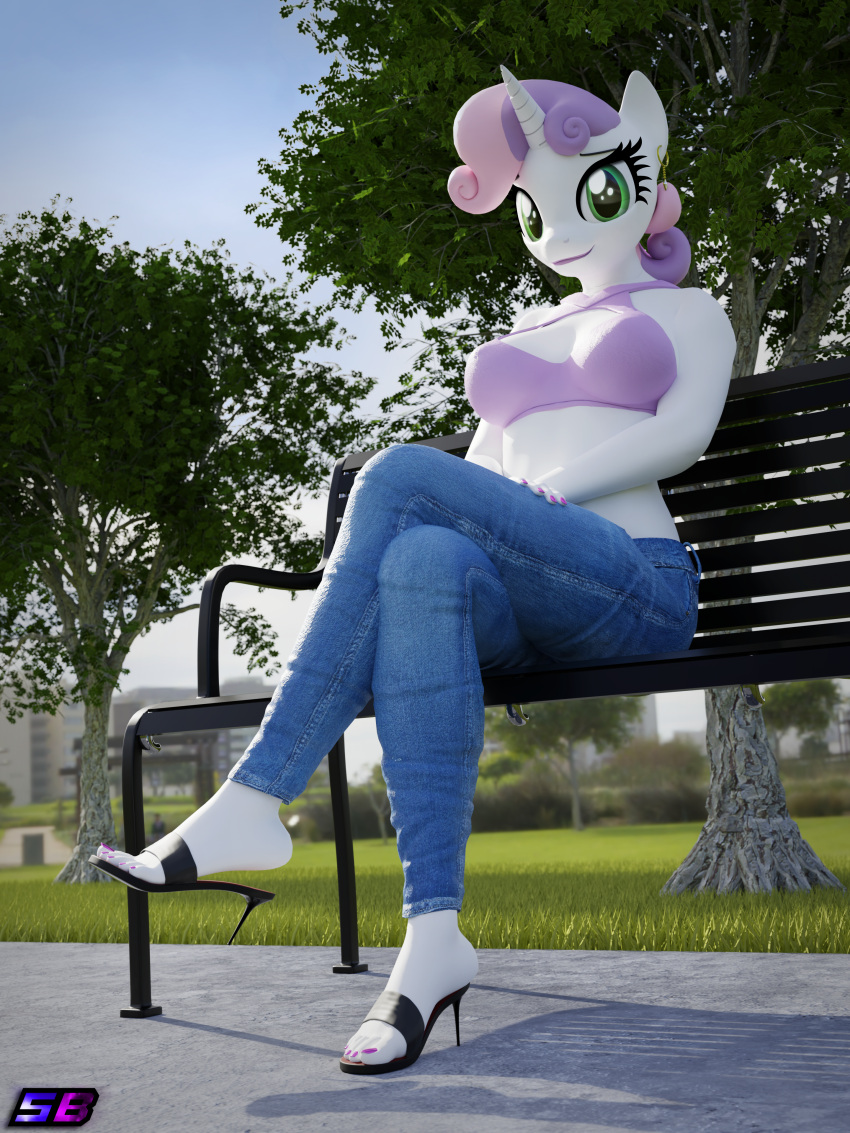 3d_(artwork) absurd_res anthro bench bottomwear breasts clothing crossed_legs denim denim_bottomwear denim_clothing digital_media_(artwork) ear_piercing ear_ring equid equine female footwear friendship_is_magic hasbro hi_res high_heeled_sandals high_heels horn jeans looking_at_viewer mammal my_little_pony pants piercing ring_piercing sandals shadowboltsfm shoe_dangle sitting solo sweetie_belle_(mlp) unicorn