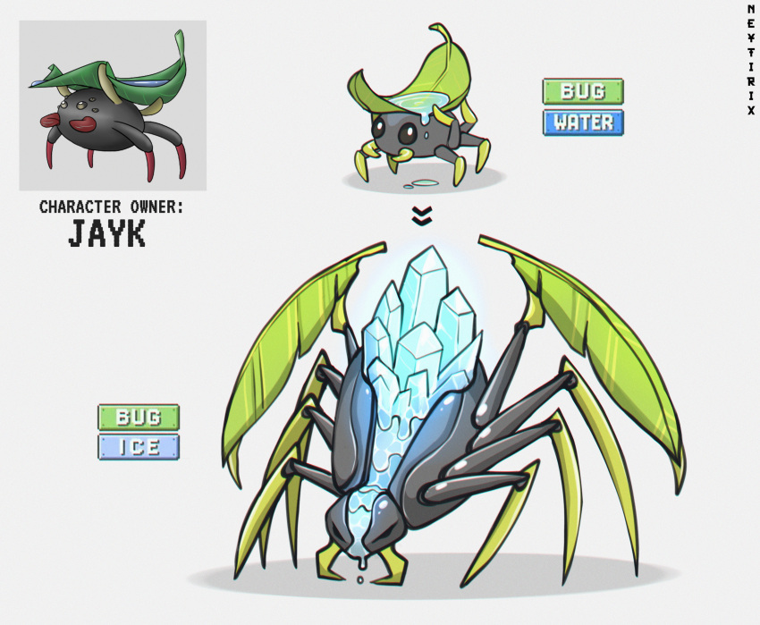 absurdres artist_name borrowed_character bug character_name crystal grey_background highres leaf leaf_on_head neytirix no_humans original pokemon simple_background spider water