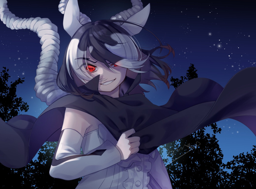 1girl antelope_ears antelope_horns bare_shoulders black_cape black_hair blackbuck_(kemono_friends) cape center_frills commentary_request detached_sleeves frills glowing glowing_eyes highres isobee kemono_friends multicolored_hair night night_sky red_eyes shirt short_hair sky smile solo two-tone_hair upper_body white_hair white_shirt white_sleeves