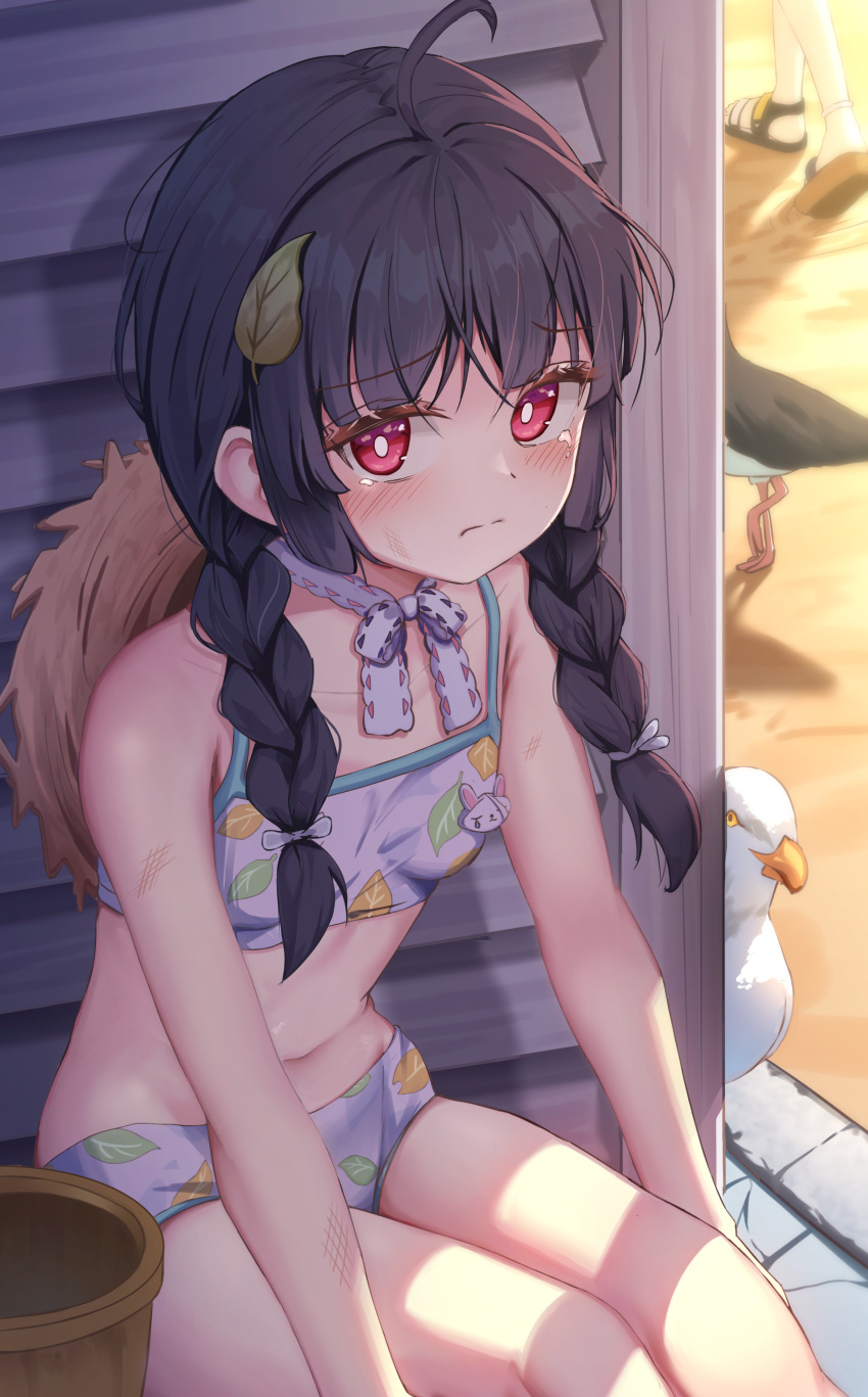 1girl absurdres ahoge beach_house bikini bird black_hair blue_archive blunt_bangs braid collarbone commentary_request crying crying_with_eyes_open frown halo hat hat_on_back highres leaf leaf_on_head leaning_forward long_hair looking_at_viewer low_twin_braids low_twintails miyu_(blue_archive) miyu_(swimsuit)_(blue_archive) monmo_mu navel neck_ribbon official_alternate_costume official_alternate_hairstyle outdoors print_bikini red_eyes ribbon seagull shade sidelocks sitting sleeveless solo stomach straw_hat swimsuit tearing_up tears twin_braids twintails white_bikini