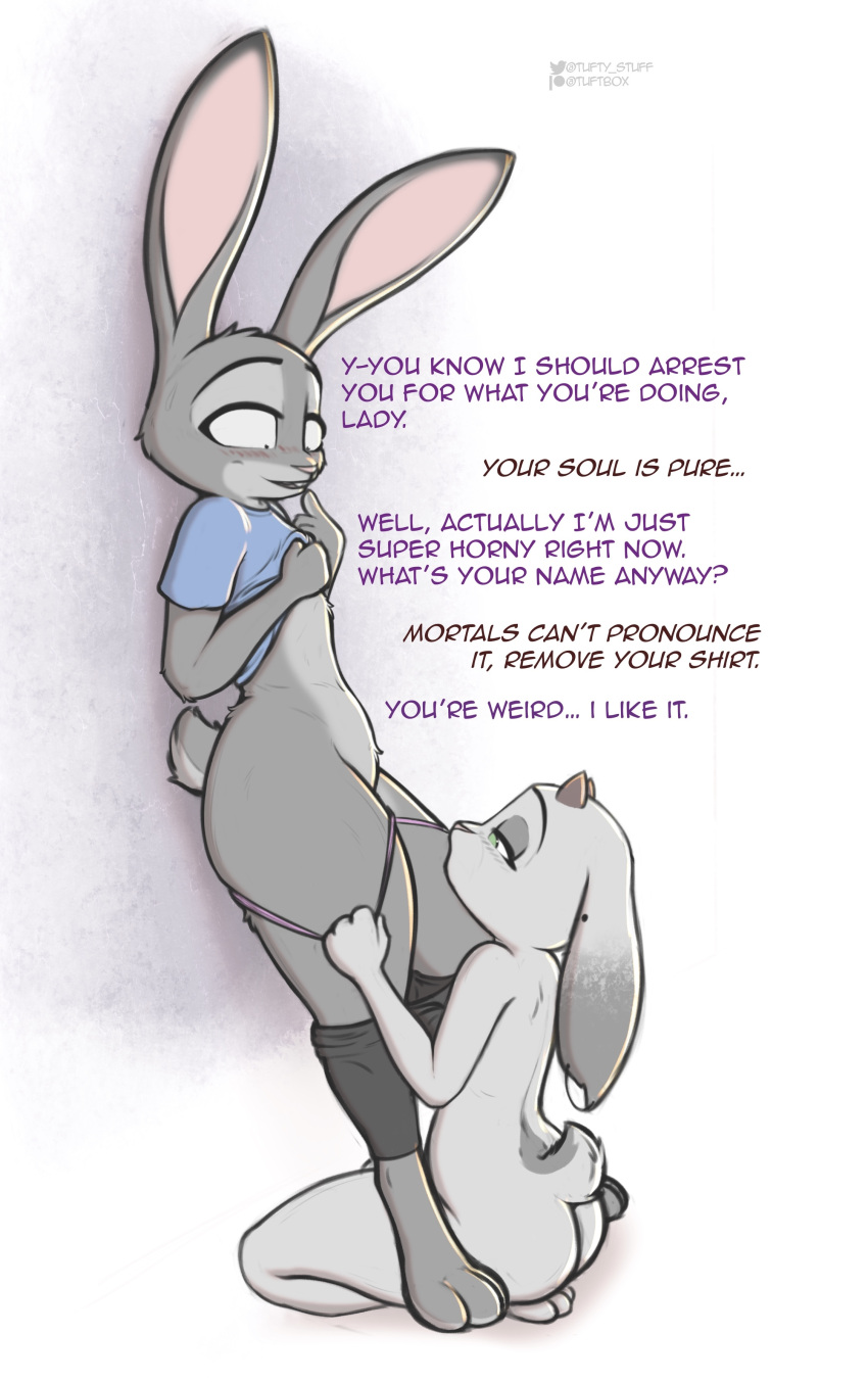 2023 absurd_res against_surface ambiguous_gender anthro belize blush blush_lines clothed clothing clothing_lift dialogue digital_media_(artwork) disney duo english_text female finger_to_mouth fluffytuft fur green_eyes grey_body grey_fur hi_res horn imminent_sex judy_hopps kneeling lagomorph leporid mammal nude panties panties_down partially_clothed rabbit scut_tail shirt shirt_lift short_tail signature simple_background standing tail text topwear underwear underwear_down undressing_another zootopia