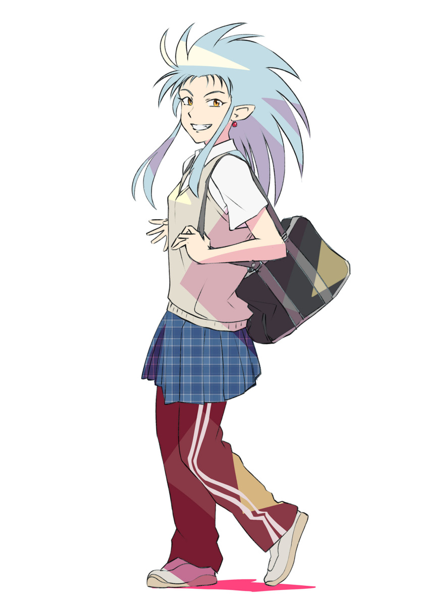 1990s_(style) 1girl blue_hair blue_skirt breasts earrings full_body grin highres jewelry long_hair looking_at_viewer plaid plaid_skirt pleated_skirt pointy_ears retro_artstyle ryouko_(tenchi_muyou!) simple_background skirt smile solo spiked_hair tenchi_muyou! ueyama_michirou unmoving_pattern white_background yellow_eyes