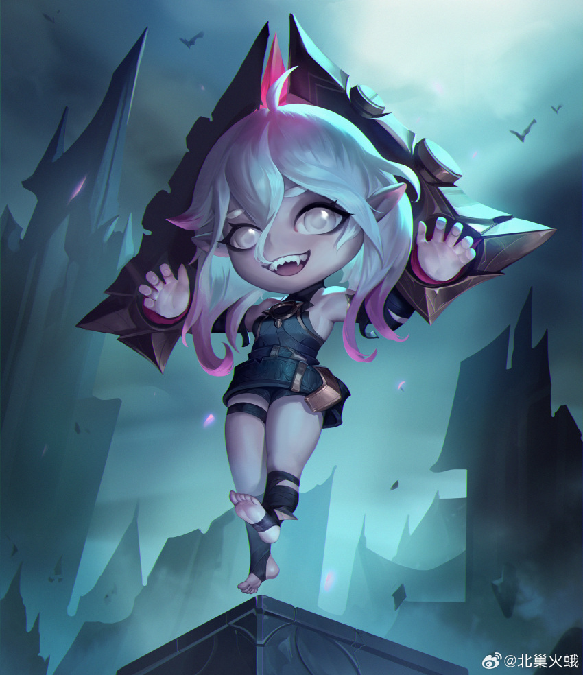 1girl absurdres ahoge artist_name bai_chao belt bird black_belt briar_(league_of_legends) chibi chromatic_aberration cloud cloudy_sky colored_sclera colored_skin detached_sleeves fangs fingernails fog full_body grey_hair hair_between_eyes highres league_of_legends long_hair looking_at_viewer multicolored_hair no_pupils open_mouth outdoors pink_hair sharp_teeth sidelocks sky smile solo streaked_hair teeth toeless_legwear toes two-tone_hair vampire white_eyes wrist_cuffs