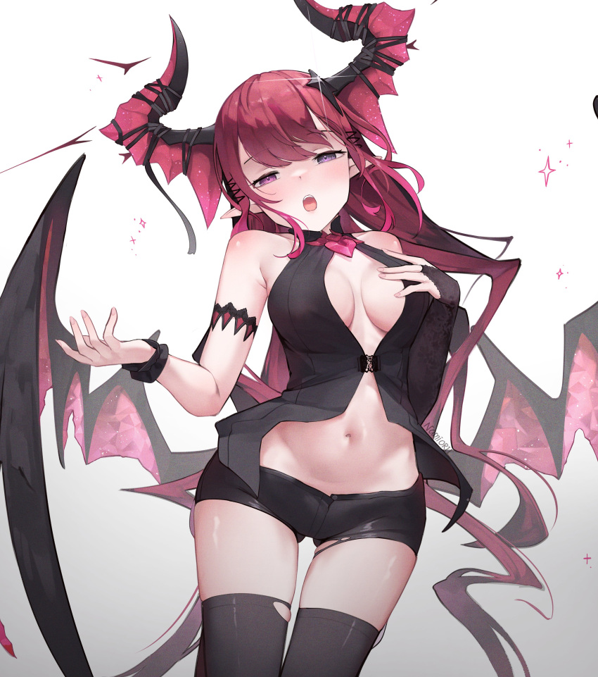 1girl absurdres armband black_shirt black_shorts black_thighhighs breasts bridal_gauntlets center_opening cowboy_shot demon_horns demon_wings fingernails groin hair_ornament hand_on_own_chest heterochromia highres hololive hololive_english horns irys_(hololive) long_hair looking_at_viewer medium_breasts micro_shorts namiorii navel open_mouth pointy_ears purple_eyes red_eyes red_hair shirt shorts single_bridal_gauntlet sleeveless sleeveless_shirt solo thighhighs very_long_hair virtual_youtuber wings wristband