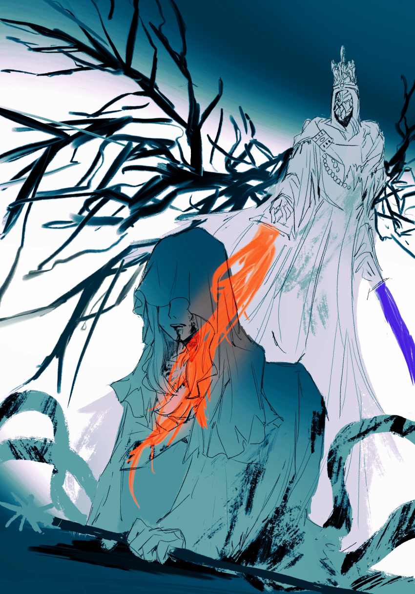 2boys absurdres all_fours blood blood_from_mouth dark_souls_(series) dark_souls_iii dark_sun_gwyndolin dress flaming_sword flaming_weapon helm helmet highres holding holding_staff holding_weapon long_hair long_sleeves male_focus multiple_boys otoko_no_ko pontiff_sulyvahn spot_color staff tentacles weapon white_background wings zunkome