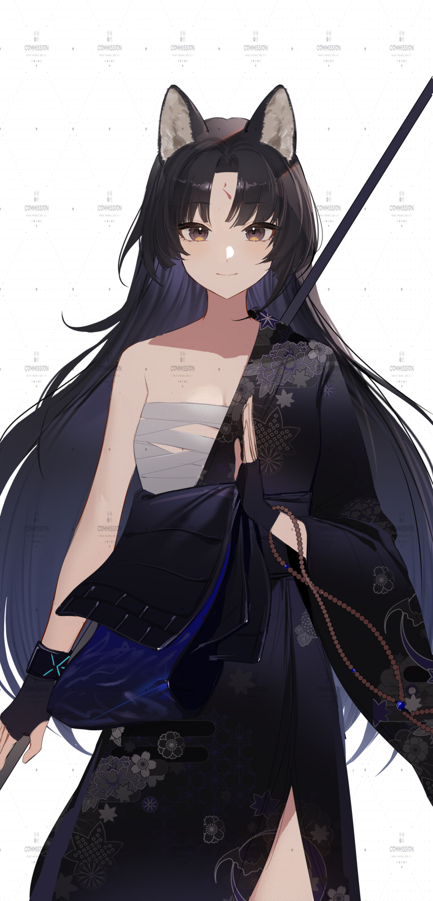 1girl absurdres animal_ears arknights black_gloves black_hair black_kimono breasts brown_hair cleavage commission facial_mark fingerless_gloves floral_print forehead_mark gloves highres infection_monitor_(arknights) japanese_clothes kimono long_hair looking_at_viewer medium_breasts off_shoulder partially_undressed saga_(arknights) sarashi shibuya_(kurokamishain) single_bare_shoulder small_breasts solo very_long_hair yellow_eyes