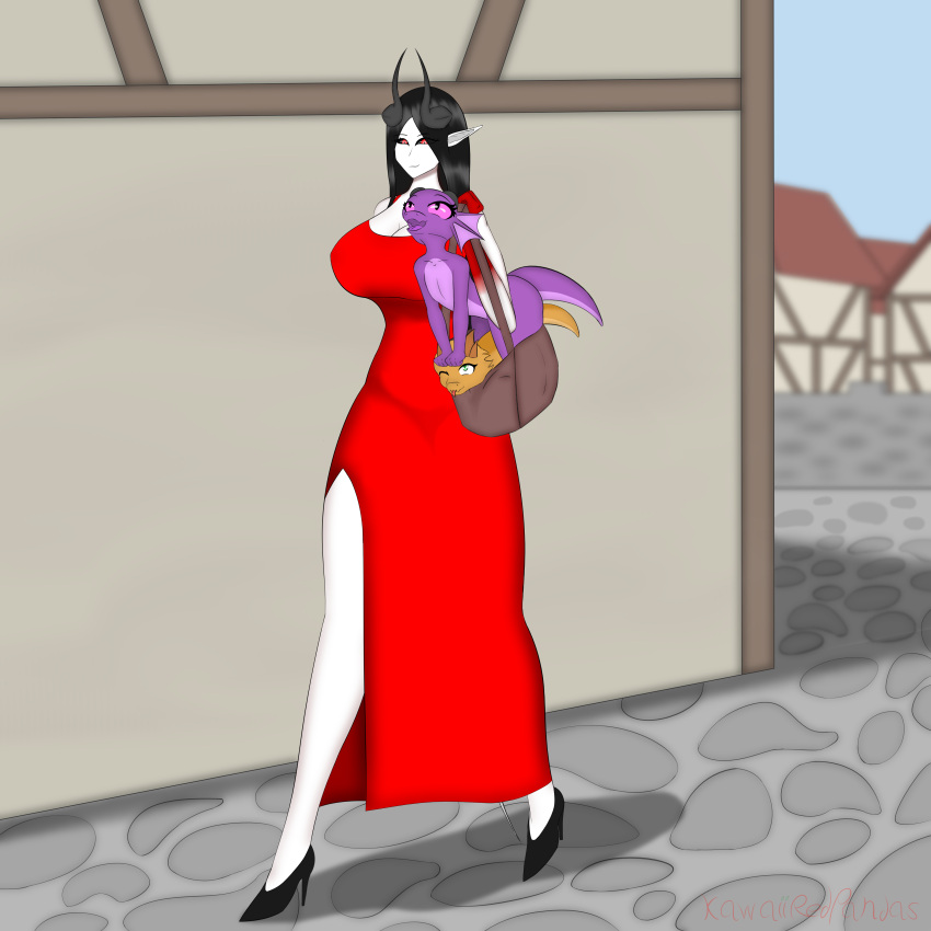 absurd_res anthro big_breasts black_hair black_sclera breasts clothed clothing demon dress female footwear green_eyes group hair hi_res high_heels horn humanoid humanoid_pointy_ears kawaiiredpandas kobold male male/female orange_body orange_scales plum_rhazin public purple_body purple_scales purple_tongue red_clothing red_dress red_eyes scales smile tail tongue trio velzithen_(kawaiiredpandas) walking white_body white_skin zak_gem