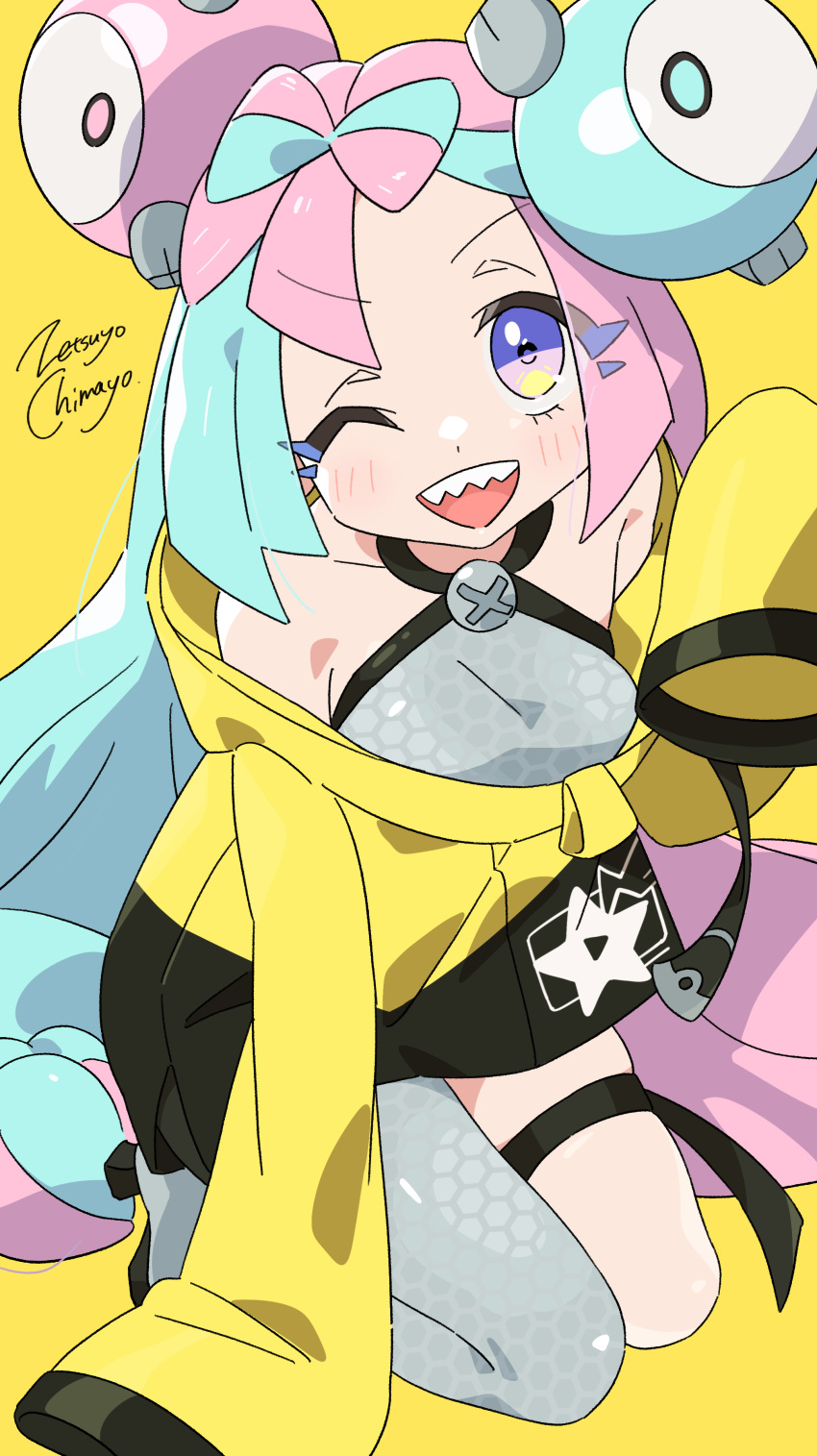 1girl ;d absurdres artist_name bare_shoulders black_jacket blue_hair bow-shaped_hair breasts grey_pantyhose halterneck hexagon_print highres iono_(pokemon) jacket light_blue_hair long_hair magnemite magnet multicolored_clothes multicolored_eyes multicolored_hair multicolored_jacket one_eye_closed pantyhose pink_eyes pink_hair pokemon pokemon_(creature) pokemon_(game) pokemon_sv print_pantyhose purple_eyes screw sharp_teeth simple_background single_leg_pantyhose sleeves_past_fingers sleeves_past_wrists small_breasts smile solo split-color_hair star_(symbol) teeth thigh_strap two-tone_hair two-tone_jacket very_long_hair x yellow_background yellow_eyes yellow_jacket zetsuyo_chimayo