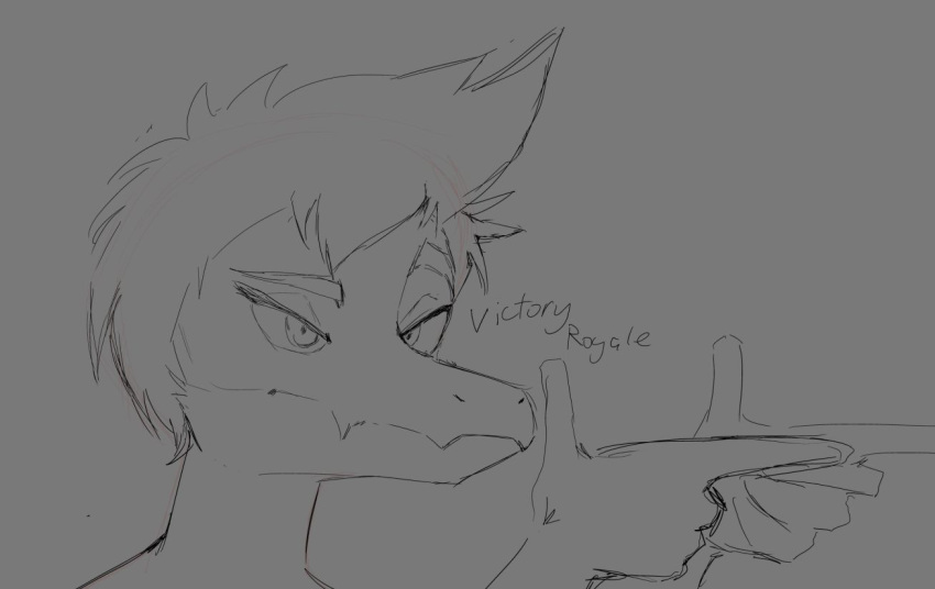 anthro dinosaur dromaeosaurid english_text fingerguns gesture goodbye_volcano_high hair headshot_portrait long_snout looking_at_viewer male monochrome pointing portrait reed_(gvh) reptile scalie sketch snoot_game_(fan_game) snout solo text theropod unknown_artist velociraptor