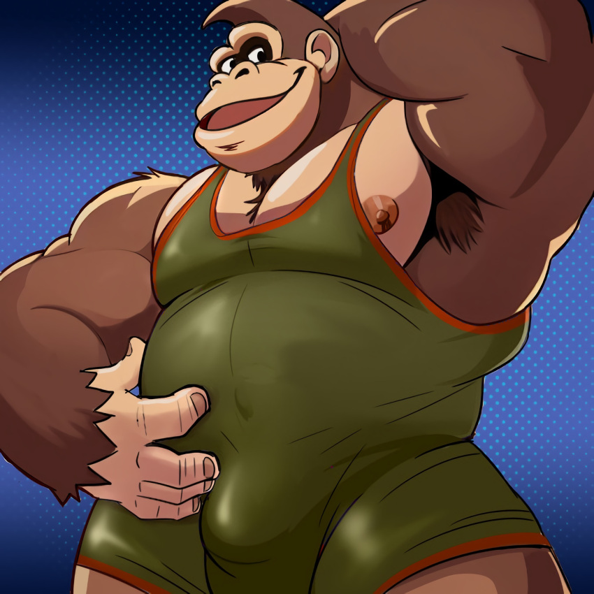 1:1 2023 anthro ape armpit_hair barazoku belly body_hair brown_body brown_fur bulge detailed_bulge digital_media_(artwork) donkey_kong_(character) donkey_kong_(series) fur gorilla hand_behind_head haplorhine hi_res looking_at_viewer low-angle_view male mammal musclegut muscular muscular_arms muscular_male nintendo nipples pecs portrait primate simple_background skyskater solo standing three-quarter_portrait wrestling_singlet