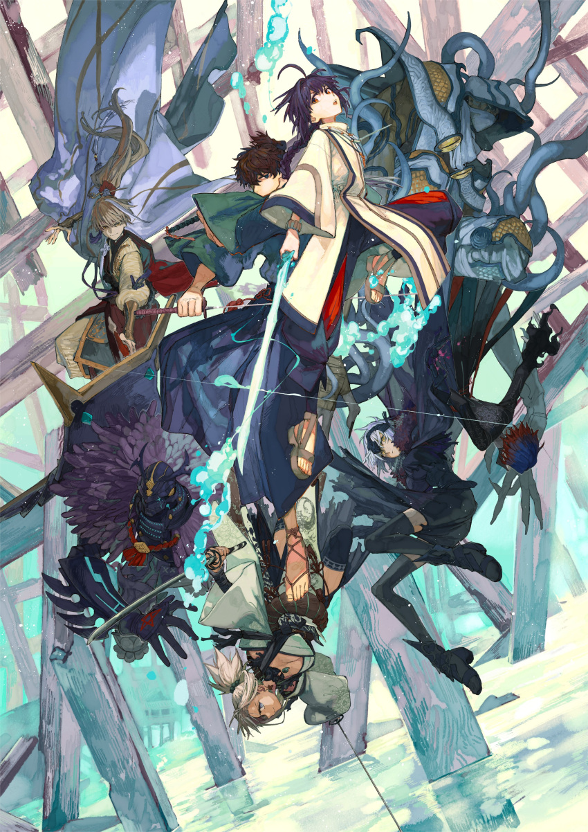 2girls 2others 4boys absurdres ahoge ambiguous_gender androgynous animal archer_(fate/samurai_remnant) armor assassin_(fate/samurai_remnant) black_armor black_cape black_hair black_thighhighs blue_hair bow_(weapon) braid braided_ponytail cape caster_(fate/samurai_remnant) commentary_request dual_wielding fate/samurai_remnant fate_(series) floating_hair full_armor glowing glowing_sword glowing_weapon gradient_hair grey_hair highres holding holding_bow_(weapon) holding_sword holding_weapon hood hood_up japanese_armor japanese_clothes jeanne_d'arc_alter_(fate) katana kimono long_hair looking_at_viewer mask miyamoto_iori_(fate) miyamoto_musashi_(fate) mouth_mask multicolored_hair multiple_boys multiple_girls multiple_others official_art ponytail red_eyes rider_(fate/samurai_remnant) saber_(fate/samurai_remnant) short_hair smile snake sword thighhighs torn_cape torn_clothes two-tone_hair wataru_rei weapon white_kimono yellow_eyes