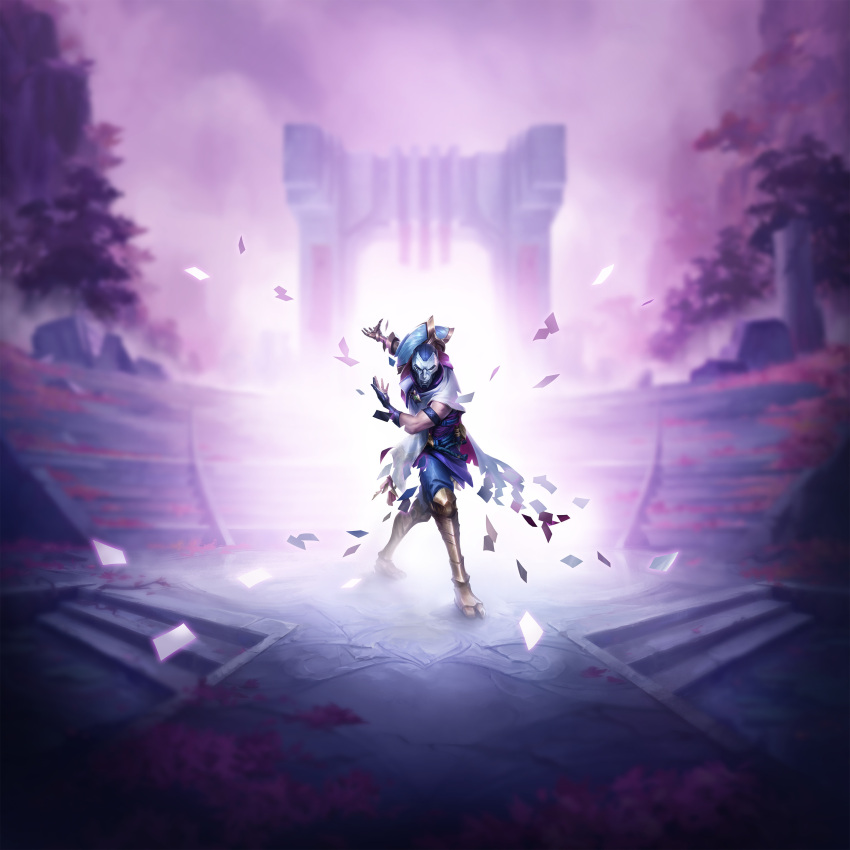 1boy absurdres armored_boots black_gloves black_pants black_robe boots bowing cloud cloudy_sky fading falling_petals fingerless_gloves full_body gauntlets gloves glowing gun highres jhin knee_boots league_of_legends legends_of_runeterra light looking_at_viewer male_focus mask mechanical_arms mountain official_art outdoors outstretched_arm pants paper path petals purple_clouds robe rock ruins shirt single_gauntlet single_mechanical_arm sky sleeveless sleeveless_shirt solo stairs standing stone_stairs tree weapon white_mask