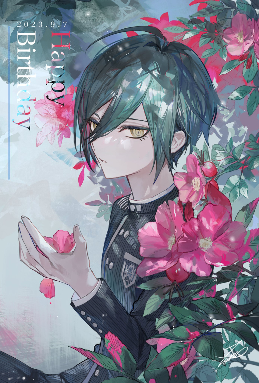 1boy ahoge black_hair black_jacket danganronpa_(series) danganronpa_v3:_killing_harmony dated flower green_hair hair_between_eyes happy_birthday highres holding holding_flower jacket leaf long_sleeves looking_at_viewer male_focus multicolored_hair parted_lips petals pink_flower red_flower saihara_shuichi solo upper_body yellow_eyes zaso