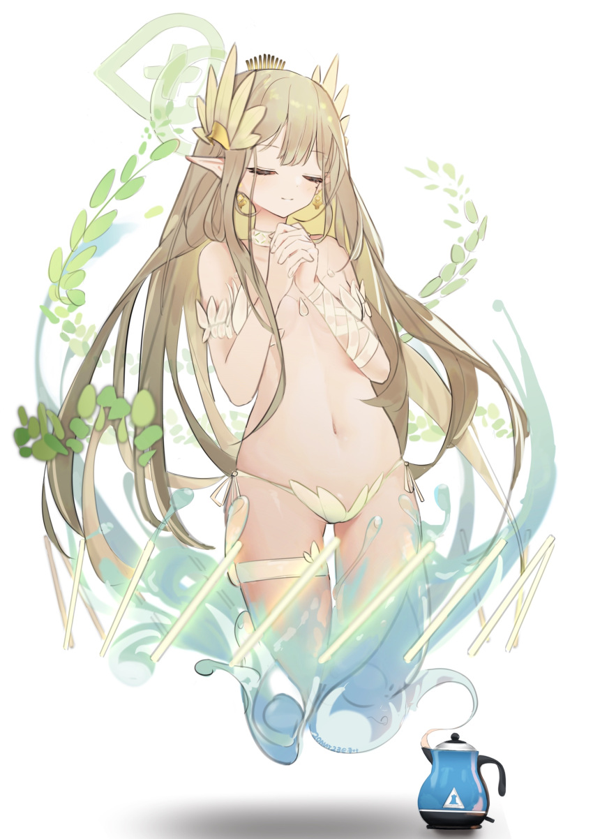 1girl absurdres alac_(408005134) arknights bikini blush breasts brown_hair chinese_commentary closed_eyes collar commentary_request earrings electric_kettle elf genie highres jewelry kettle laurels light_brown_hair light_smile long_hair mole mole_under_eye muelsyse_(arknights) navel own_hands_clasped own_hands_together parody pointy_ears shadow sidelocks signature simple_background small_breasts solo swimsuit thigh_strap very_long_hair water white_background