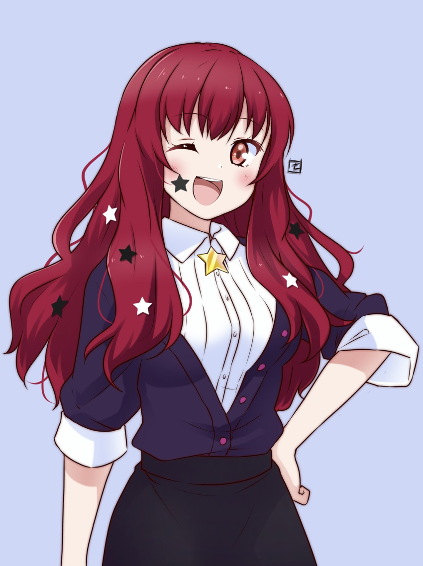 1girl :d blush buttons facial_mark fire_emblem fire_emblem_engage hair_ornament highres long_hair looking_at_viewer official_alternate_costume one_eye_closed red_eyes red_hair shirt simple_background skirt smile solo star_(symbol) star_hair_ornament teeth upper_teeth_only yunaka_(fire_emblem) zero-theme