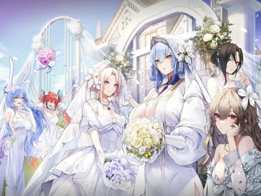 6+girls :d animal_ears arms_up astra_revolver_(girls'_frontline) aug_(girls'_frontline) black_hair blue_eyes blue_hair bouquet bouquet_toss breasts bridal_veil brown_hair building church cleavage closed_eyes closed_mouth collarbone crossed_bangs detached_collar detached_sleeves dp-12_(girls'_frontline) dress earrings elbow_gloves expressionless flower flower_request girls'_frontline gloves hair_between_eyes hair_flower hair_ornament hair_rings hand_on_own_cheek hand_on_own_face hexagram highres holding holding_bouquet huge_breasts jewelry kim_eb large_breasts long_hair long_sleeves looking_at_viewer medium_hair mondragon_m1908_(girls'_frontline) multiple_girls necklace official_alternate_costume official_art official_wallpaper open_mouth outdoors parted_bangs parted_lips pillar pink_eyes pink_flower puffy_detached_sleeves puffy_short_sleeves puffy_sleeves purple_flower rabbit_ears red_eyes red_hair short_sleeves small_breasts smile sp9_(girls'_frontline) tar-21_(girls'_frontline) twintails veil very_long_hair wedding_dress white_dress white_flower white_gloves white_hair yellow_eyes