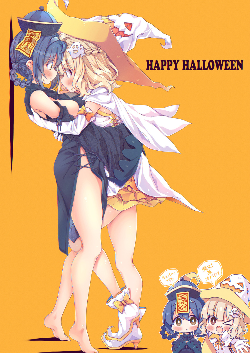 2girls absurdres against_wall bare_legs barefoot blonde_hair blue_dress blush breasts cape chibi commentary_request dress furutani_himawari ghost_hair_ornament halloween hands_on_another's_back hat highres knee_in_crotch large_breasts looking_at_another medium_hair multiple_girls oomuro_sakurako orange_background pointy_footwear standing takahero tiptoes translation_request white_cape white_dress white_footwear white_headwear witch_hat yuri yuru_yuri