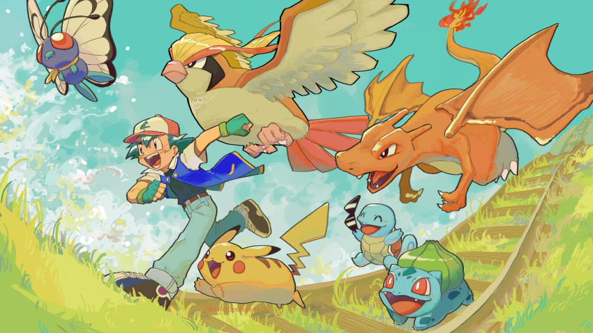 aqua_gloves ash_ketchum bird blue_sky blush_stickers bug bulbasaur butterfly butterfree charizard closed_eyes denim dragon fingerless_gloves fire gloves grass hair_between_eyes happy highres jeans male_child pants pidgeotto pikachu pokemon pokemon_(anime) pokemon_(classic_anime) pokemon_(creature) running sky squirtle sunglasses umebosibakari2