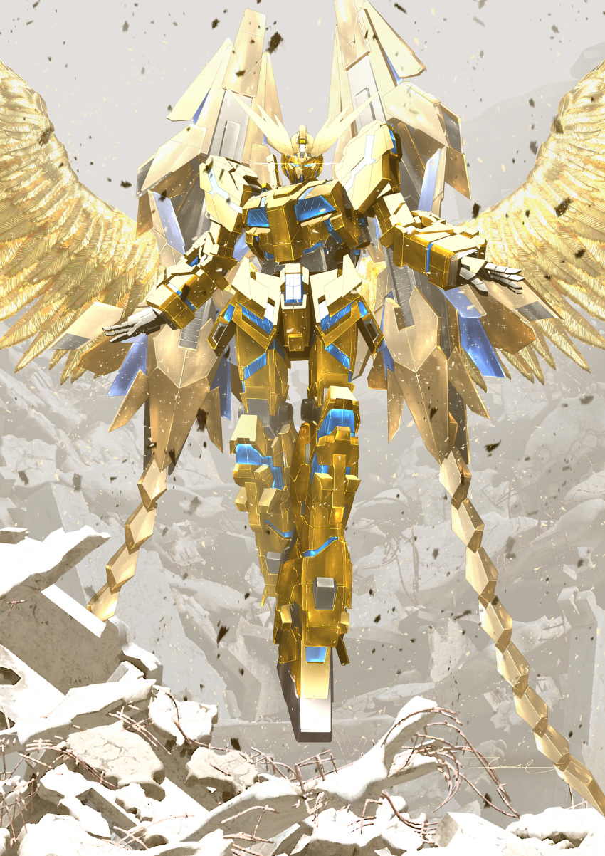 absurdres debris floating glowing glowing_eyes golden_wings gundam gundam_narrative highres looking_at_viewer mecha mechanical_wings mobile_suit no_humans nt-d open_hands robot rubble science_fiction solo taka-f unicorn_gundam_phenex v-fin wings yellow_eyes