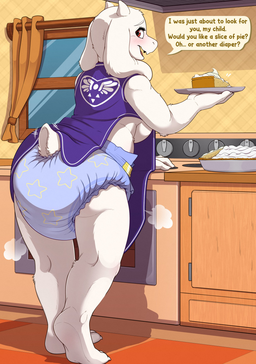 absurd_res anthro appliance blush boss_monster bovid breasts bunnykisses caprine clothing curtains dessert dialogue diaper female floppy_ears food goat hi_res horn kitchen kitchen_appliance looking_at_viewer looking_back mammal monster oven pie poof poof_effect robe shelf side_boob solo speech_bubble standing stove toriel undertale undertale_(series) window