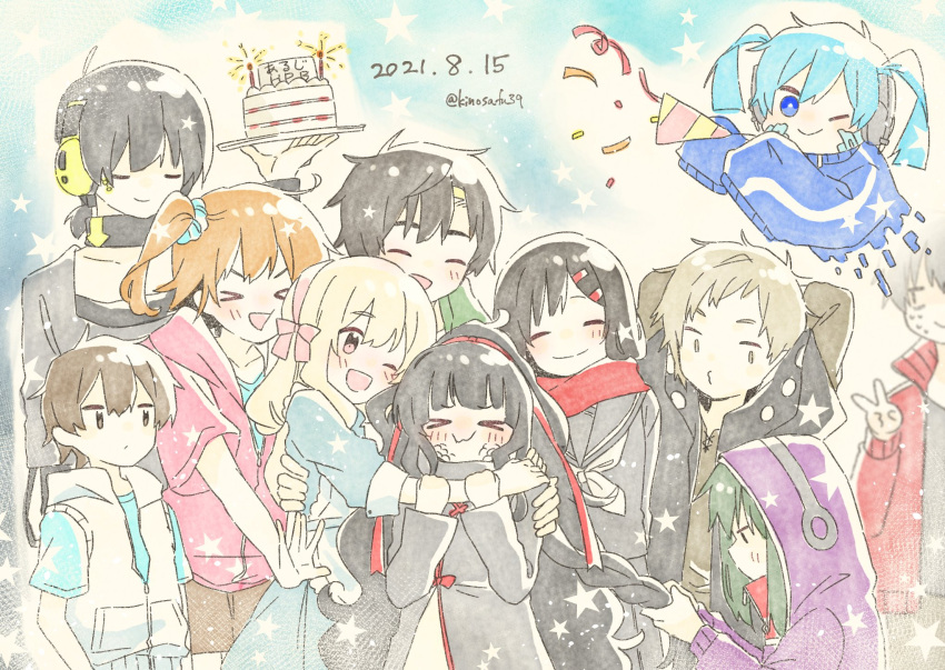 &gt;3&lt; &gt;_&lt; 5boys 6+girls :d ^_^ amamiya_hibiya apron aqua_hair aqua_scrunchie aqua_shirt arms_at_sides arms_behind_back arms_behind_head arrow_(symbol) arrow_print azami_(kagerou_project) bangs_pinned_back birthday birthday_cake black_eyes black_hair black_hoodie black_sailor_collar black_serafuku black_shirt blank_eyes blue_dress blue_eyes blue_jacket blue_sky blunt_bangs blunt_ends blush bow bow_hairband bright_pupils brown_eyes brown_hair brown_shirt brown_shorts buckle buttoned_cuffs cake candle casual circle closed_eyes closed_mouth commentary confetti cowboy_shot cropped_torso cross-laced_clothes cross-laced_slit dark_konoha dated day double-parted_bangs dress ene_(kagerou_project) enpera facial_mark facing_viewer flying food frilled_apron frills grandmother_and_granddaughter green_hair green_jumpsuit grey_kimono grey_shirt group_picture hair_between_eyes hair_ornament hair_ribbon hairband hairclip hands_on_another's_arm happy headphones highres holding holding_another's_hair holding_food holding_hair holding_party_popper holding_plate hood hood_down hood_up hooded_jumpsuit hoodie hug jacket japanese_clothes jumpsuit kagerou_project kano_shuuya kido_tsubomi kimono kisaragi_momo kisaragi_shintarou konoha_(kagerou_project) kozakura_marry layered_clothes light_brown_hair lit_candle long_bangs long_hair long_sleeves looking_at_another looking_at_viewer looking_down looking_to_the_side multiple_boys multiple_girls neck_warmer neckerchief notched_neckline one_eye_closed open_mouth orange_hair outdoors parted_bangs partially_unzipped party_popper pastel_colors pink_bow pink_eyes pink_hairband pink_hoodie plate pleated_skirt pocket popped_collar print_hoodie purple_hoodie red_jacket red_ribbon red_scarf red_trim ribbon sa-fu_(sfmk39) sailor_collar scarf school_uniform scrunchie serafuku seto_kousuke shirt short_hair short_ponytail short_sleeves shorts side_ponytail sign single_stripe skirt sky sleeveless sleeveless_hoodie sleeves_past_elbows smile star_(symbol) striped sweat symbol-only_commentary t-shirt tateyama_ayano track_jacket twintails twitter_username upper_body v very_long_hair wavy_hair white_apron white_hair white_hoodie white_neckerchief white_stripes wispy_bangs zipper