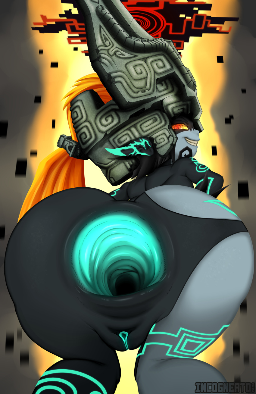 2022 absurd_res anus armor big_anus blue_anus blue_pussy butt female gaping gaping_anus genitals grin headgear headgear_only helmet helmet_only hi_res humanoid imp incogneato looking_at_viewer looking_back looking_back_at_viewer midna nintendo not_furry presenting presenting_anus pussy rear_view smile solo the_legend_of_zelda twili twilight_princess