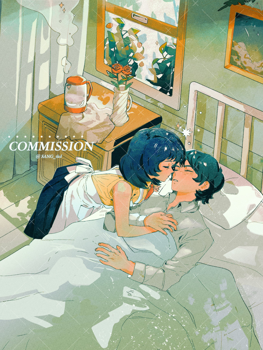 1boy 1girl absurdres apron artist_name balsang bed blanket blue_hair blue_skirt closed_eyes cloth collared_shirt commission curtains electric_kettle fa_yuiry film_grain flower gundam hand_on_own_chest hetero highres hospital_bed imminent_kiss indoors kamille_bidan kettle long_sleeves nightstand parted_lips picture_(object) pillow red_flower red_rose rose shirt short_hair skirt sleeping sparkle steam twitter_username under_covers vase white_apron window wooden_floor yellow_shirt zeta_gundam