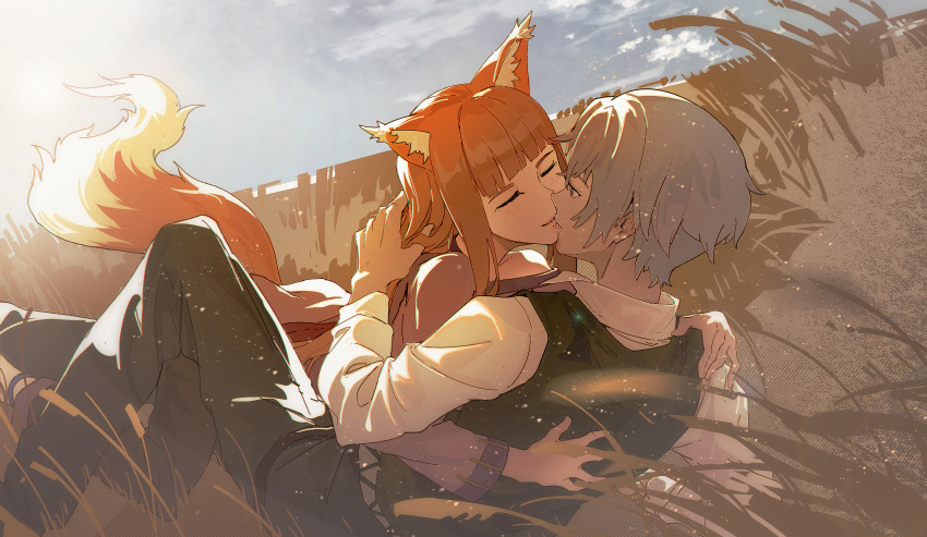 1boy 1girl absurdres animal_ears brown_hair collared_shirt couple craft_lawrence dress hetero highres holding holo jacket kiss long_hair looking_at_viewer shirt smile spice_and_wolf tail wheat wolf_ears wolf_girl wolf_tail zuihou_de_miao_pa_si