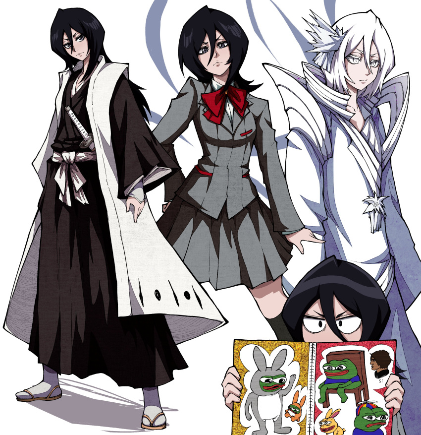 absurdres animal_costume apu_apustaja black_hair black_kimono bleach bleach:_the_thousand-year_blood_war bow chair drawing grey_eyes grey_jacket grey_skirt hair_ornament hakka_no_togame_(bankai) hand_on_own_hip haori highres holding holding_notebook jacket japanese_clothes kekel kimono kuchiki_rukia long_bangs long_hair long_sleeves looking_at_viewer meme multiple_views notebook on_chair pepe_the_frog rabbit_costume red_bow sado_yasutora sandals sash school_uniform sheath sheathed shirt short_hair skirt socks sword taichou_haori weapon white_background white_kimono white_sash white_shirt white_socks wide_sleeves yes_chad_(meme)