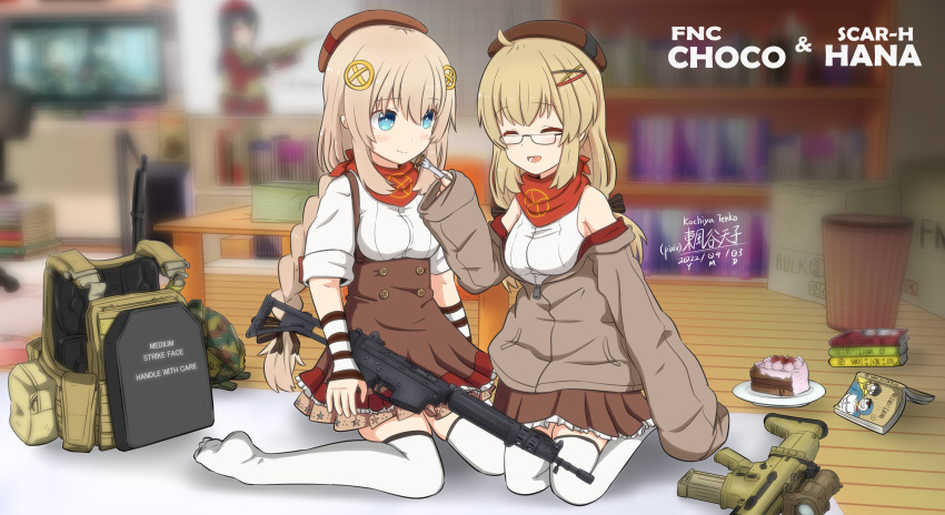 2girls absurdres ahoge ammunition_pouch arm_at_side artist_name assault_rifle bandana bangs battle_rifle beret bespectacled black_bow black_ribbon blonde_hair blue_eyes blue_headwear blurry blurry_background body_armor book book_stack bookshelf bow box braid breasts brown_headwear brown_jacket brown_skirt buttons cake camouflage camouflage_headwear cardboard_box character_name cherry chinese_commentary closed_eyes closed_mouth combat_helmet commentary_request company_connection cream dated double-breasted dress english_text facing_viewer fn_fnc fn_scar fn_scar_17 fnc_(girls'_frontline) folding_stock food fork frilled_skirt frills fruit full_body girls'_frontline glasses gun hair_bow hair_ornament hair_ribbon hairclip hat headwear_removed highres holding holding_food holding_fork holding_gun holding_weapon indoors jacket jacket_partially_removed kanji kochiya_tenko load_bearing_vest long_hair manga_(object) multiple_girls open_book optical_sight photo_(object) pinafore_dress pixiv_username plate plate_carrier pleated_skirt pouch red_bandana red_headwear ribbon rifle scar-h_(girls'_frontline) semi-rimless_eyewear shirt sitting skirt sleeveless sleeveless_shirt sleeves_past_fingers sleeves_past_wrists sleeves_rolled_up smile star_(symbol) star_print table tactical_clothes television thighhighs trash_can two-tone_headwear under-rim_eyewear wariza weapon weapon_name white_shirt white_thighhighs wooden_floor woodland_camouflage x_hair_ornament zipper
