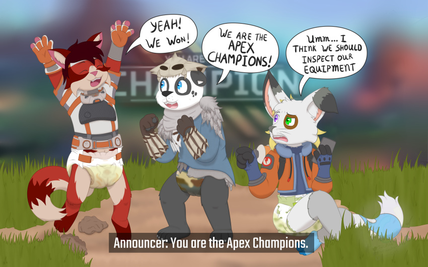 absurd_res announcer anthro apex_legends bear bodily_fluids canid canine clothed clothing diaper domestic_cat dominic_(fennecat) feces felid feline felis female fennec fennecat_(artist) fox genital_fluids giant_panda gloves grass group handwear hi_res maine_coon male mammal messy_diaper phone plant rock shirt skull_hat soiling topwear trio urine watermark wearing_diaper wet_diaper wetting whiskers young