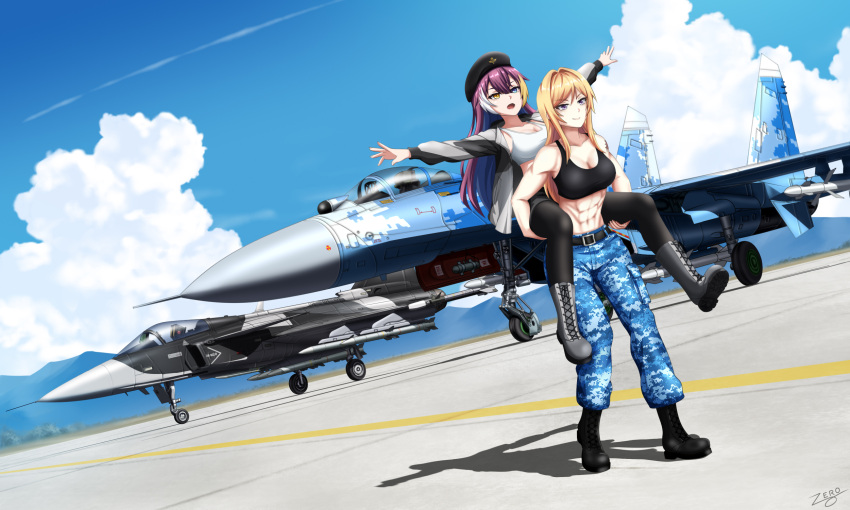 abs aircraft airplane alina_svard_kovalenko_(laotianaviator) beret blonde_hair boots camouflage camouflage_jacket camouflage_pants carrying crop_top fighter_jet hat heterochromia highres jacket jet military military_vehicle mountain multicolored_hair original pants pantyhose piggyback purple_eyes saab_gripen sports_bra su-27 zero_(73ro)