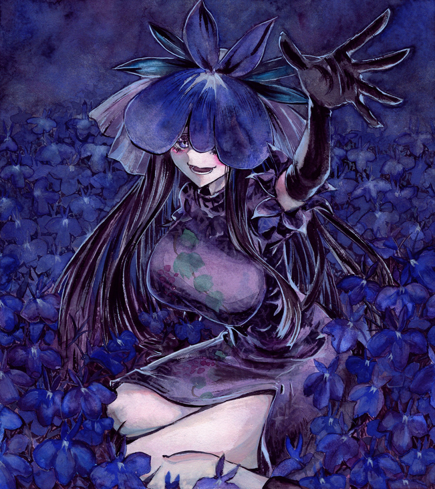 1girl arm_up black_gloves black_hair blush breasts china_dress chinese_clothes commentary_request dress elbow_gloves field flower flower_field flower_on_head gloves grape_print highres kabaji large_breasts long_hair looking_at_viewer open_mouth purple_dress reaching shikishi solo touhou traditional_media yomotsu_hisami