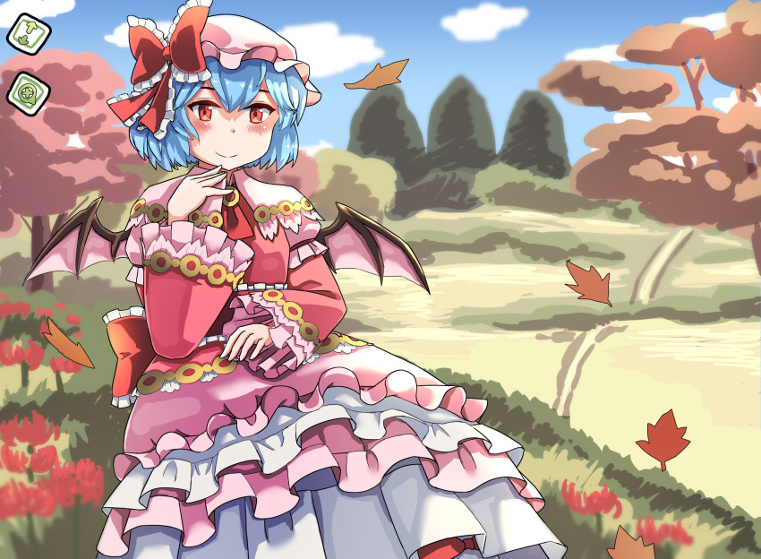 1girl autumn_leaves back_bow bat_wings blue_hair blue_sky blush bow bush capelet closed_mouth cloud dress falling_leaves frilled_bow frilled_dress frilled_hat frilled_sleeves frills hand_on_lap hand_on_own_chin hat hat_bow highres houshiruri icon_(computing) layered_skirt layered_sleeves leaf long_dress long_sleeves mob_cap necktie official_alternate_costume outdoors pink_capelet pink_dress pink_headwear puffy_short_sleeves puffy_sleeves red_bow red_eyes red_necktie remilia_scarlet short_hair short_over_long_sleeves short_sleeves sitting skirt sky smile tamura_yukari touhou touhou_cannonball tree wide_sleeves wings