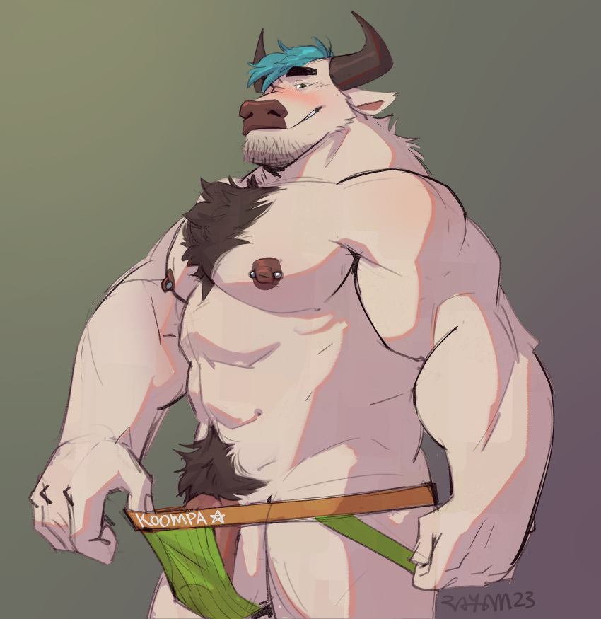 2023 abs anthro balls biceps blue_hair blush body_hair bovid bovine butt cattle chest_hair clothed clothing clothing_aside deltoids exposing facial_hair flaccid genitals goatee green_clothing green_jockstrap green_underwear grey_background grin hair hi_res horn jockstrap jockstrap_aside jockstrap_only looking_at_viewer male mammal manly muscular navel nipple_piercing nipples pecs penis piercing presenting pubes pulling_jockstrap rneves_069 simple_background smile solo standing stubble topless triceps underwear underwear_aside underwear_only