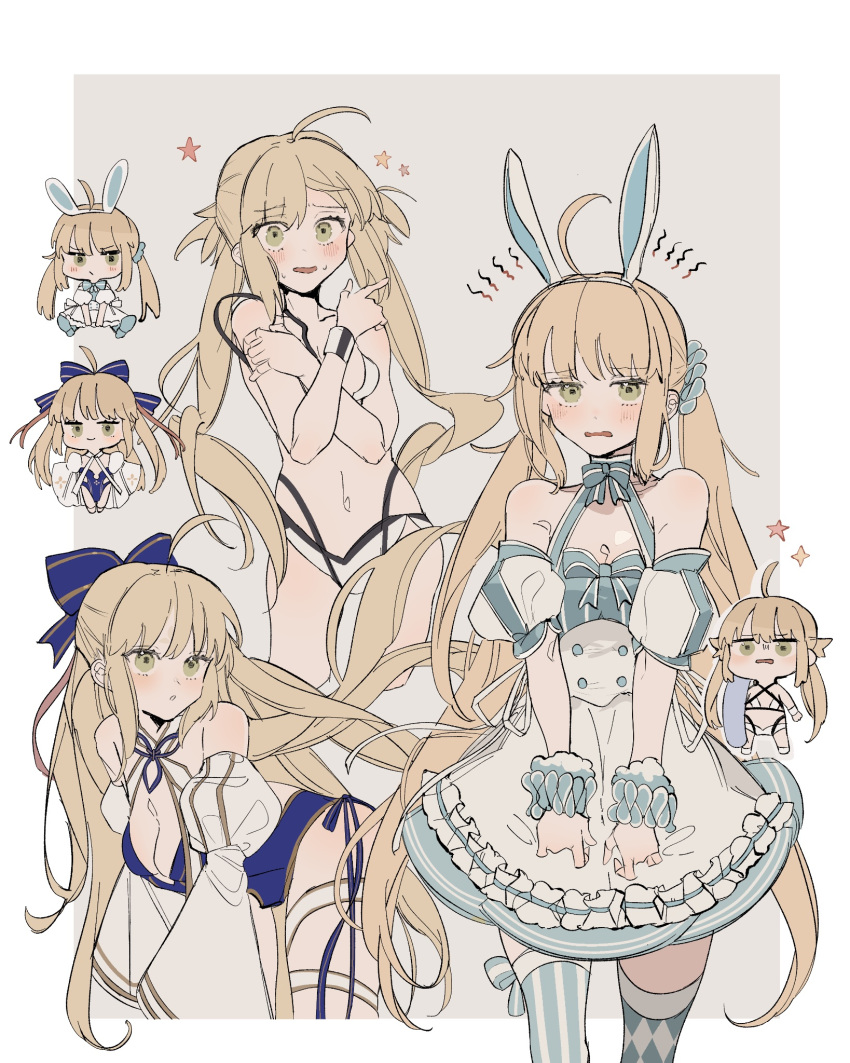 1girl ahoge animal_ears apron artoria_caster_(fate) artoria_caster_(swimsuit)_(fate) artoria_caster_(swimsuit)_(first_ascension)_(fate) artoria_caster_(swimsuit)_(second_ascension)_(fate) artoria_caster_(swimsuit)_(third_ascension)_(fate) artoria_pendragon_(fate) asymmetrical_legwear bare_shoulders bikini blonde_hair blue_bow blue_dress blue_one-piece_swimsuit blue_ribbon blue_thighhighs blush bow bow_legwear breasts casual_one-piece_swimsuit checkered_thighhighs chibi cleavage criss-cross_halter cropped_legs detached_sleeves dress dress_bow fake_animal_ears fate/grand_order fate_(series) frilled_apron frills frown green_eyes hair_bow hairband halterneck highres long_hair long_sleeves looking_at_viewer mismatched_legwear multiple_views navel note_nii official_alternate_costume one-piece_swimsuit open_mouth puffy_short_sleeves puffy_sleeves rabbit_ears ribbon scrunchie short_sleeves simple_background small_breasts star_(symbol) stomach striped striped_thighhighs swimsuit thighhighs twintails two-tone_thighhighs vertical-striped_thighhighs vertical_stripes very_long_hair waist_apron white_bikini white_thighhighs wrist_scrunchie wristband x_arms
