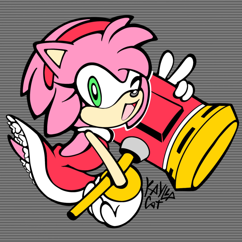 1:1 2023 amy_rose anthro biped clothed clothing dress eulipotyphlan eyelashes female fur gloves green_eyes handwear hedgehog hi_res kayllacat looking_at_viewer mammal one_eye_closed open_mouth open_smile piko_piko_hammer pink_body pink_fur red_clothing red_dress sega signature simple_background smile solo sonic_the_hedgehog_(series) wink