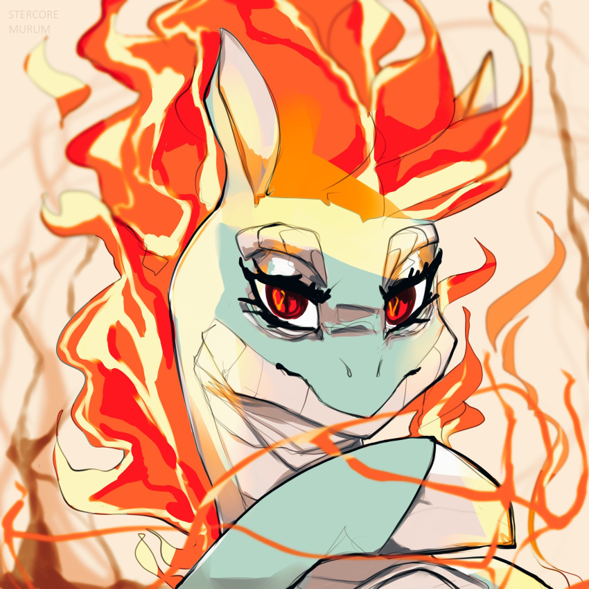 1:1 2023 :&gt; asian_mythology chinese_mythology digital_media_(artwork) east_asian_mythology eyelashes female feral fire flaming_hair flaming_mane green_body green_scales hi_res hooves hybrid longma looking_at_viewer mythology portrait pseudo_hair pseudo_mane pupils red_eyes scales slit_pupils smile solo stercore_murum them's_fightin'_herds tianhuo_(tfh)