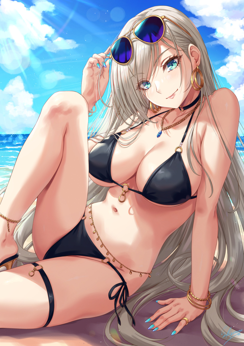 1girl aqua_eyes bare_arms bare_shoulders bikini black_bikini blue_nails blue_sky bracelet breasts cleavage closed_mouth commentary_request day earrings eyewear_on_head grey_hair high_heels highres jewelry large_breasts long_hair looking_at_viewer nail_polish navel ocean original outdoors ring sakiyamama side-tie_bikini_bottom sitting sky smile solo stomach sunglasses swimsuit thigh_strap thighs underboob water