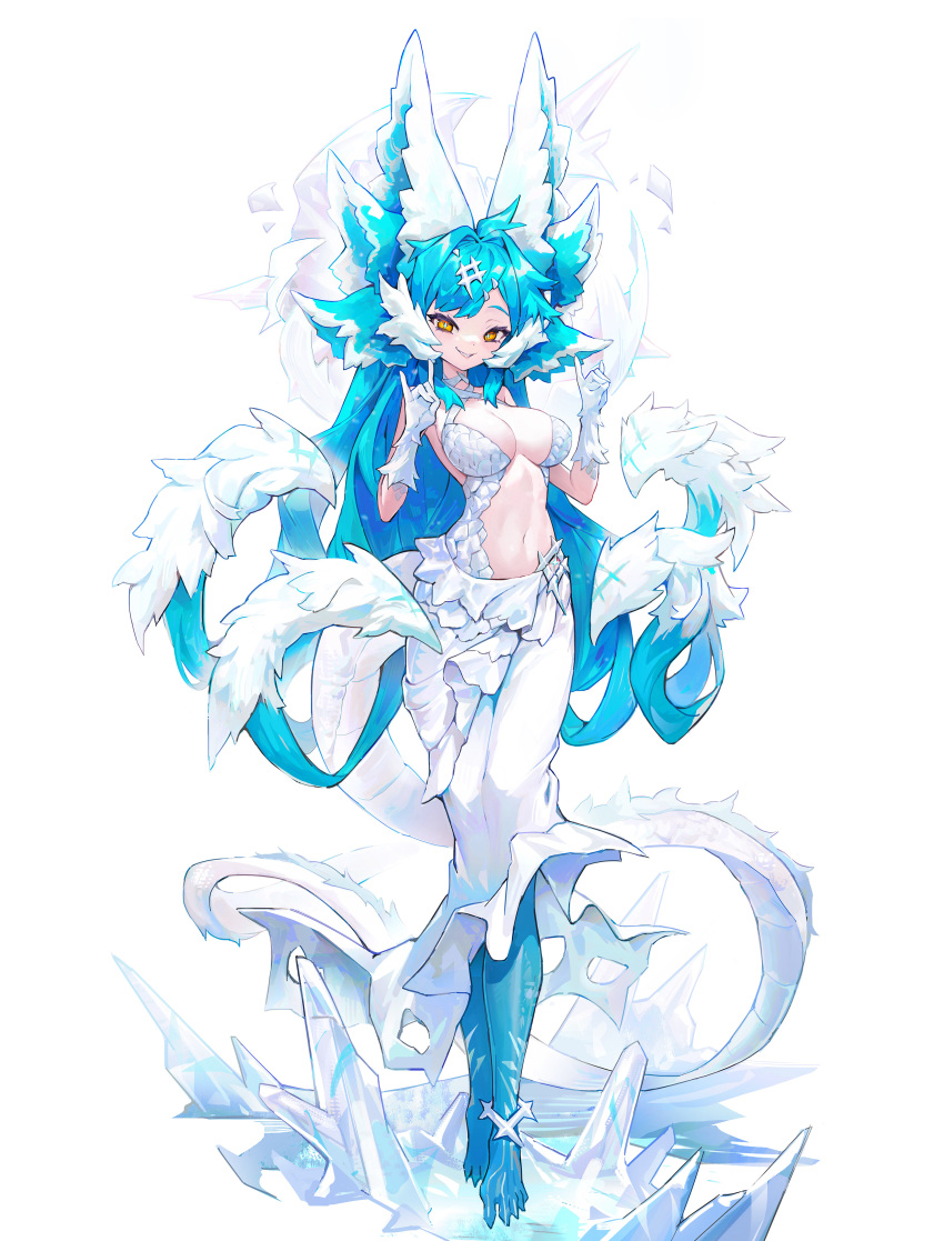 1girl absurdres ahoge animal_ears barefoot blue_hair blue_pupils blue_skin breasts center_opening clenched_teeth colored_skin commentary double_fox_shadow_puppet dragon_girl dragon_tail english_commentary extra_ears fox_shadow_puppet full_body gloves grin hair_ornament hands_up highres kumo_(kumo_hsc0216) large_breasts light_blush long_hair looking_at_viewer multicolored_hair navel open_mouth original scales sharp_teeth sidelocks simple_background slit_pupils smile solo stomach tail teeth two-tone_hair very_long_hair white_background white_gloves white_hair white_tail yellow_eyes