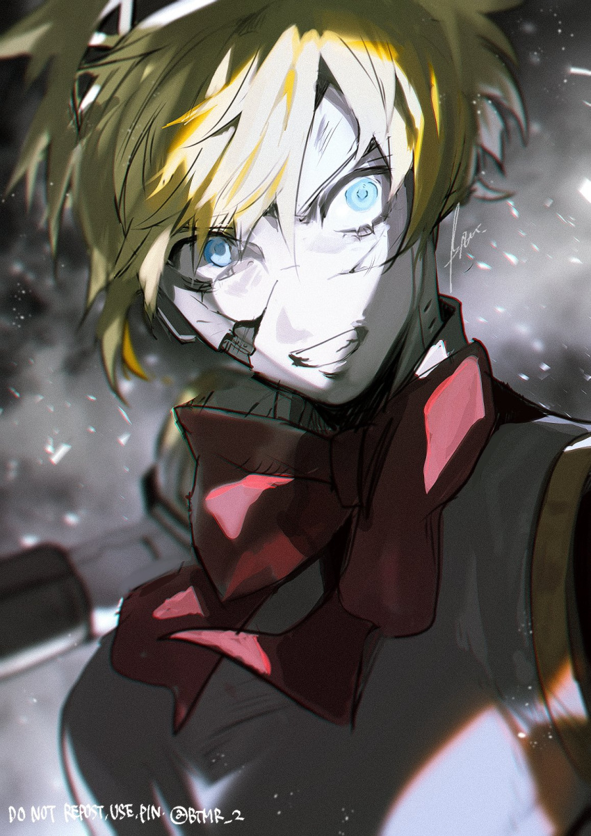 1girl aegis_(persona) android aqua_eyes blonde_hair bow bowtie breasts broken_skin btmr_game clenched_teeth colored_skin cracked_skin grey_background hair_between_eyes highres joints medium_breasts pale_skin persona persona_3 red_bow red_bowtie robot_joints short_hair signature simple_background solo teeth upper_body white_skin